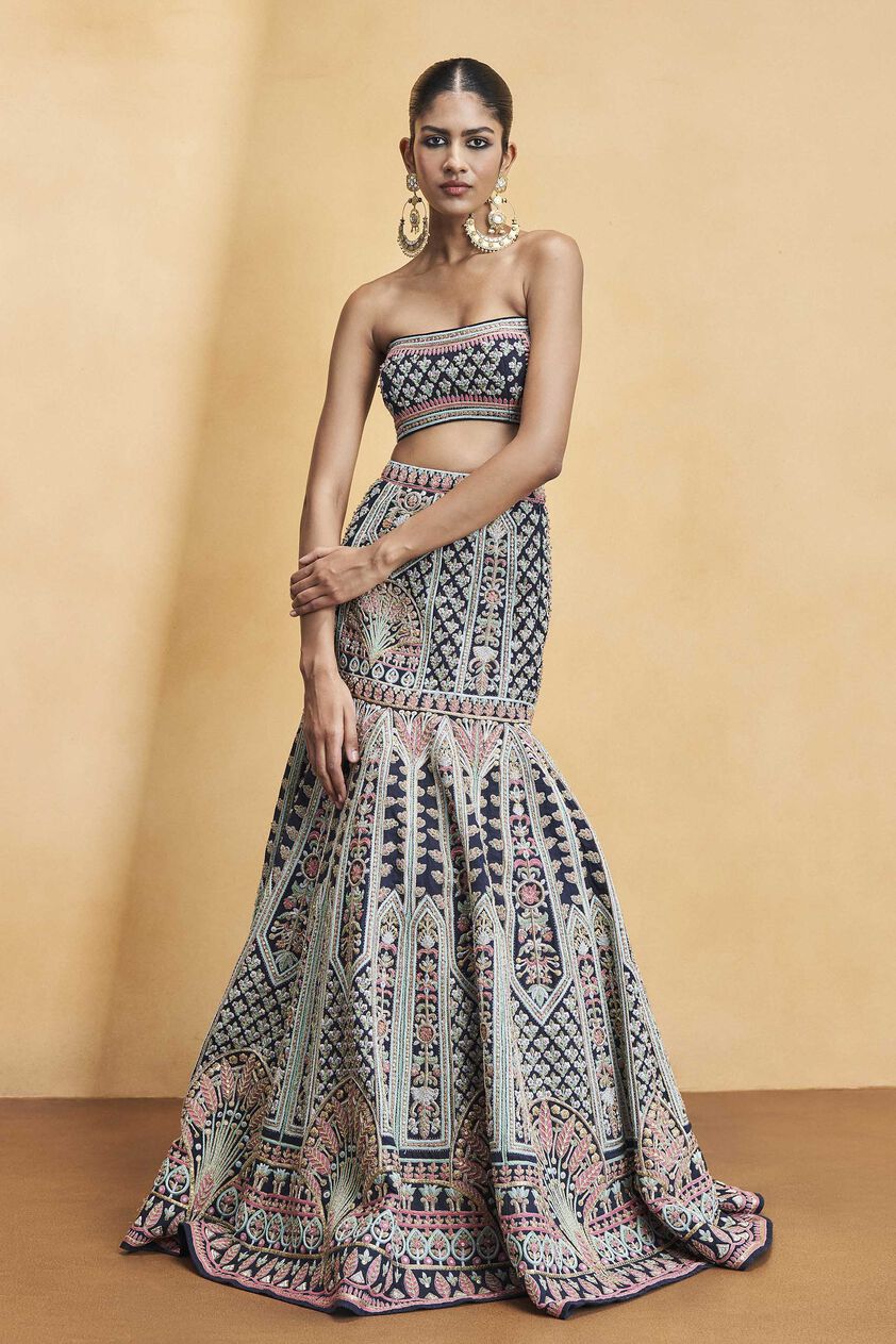 Nocturnal Melody Silk Zari Skirt Set - Blue, Blue, image 1