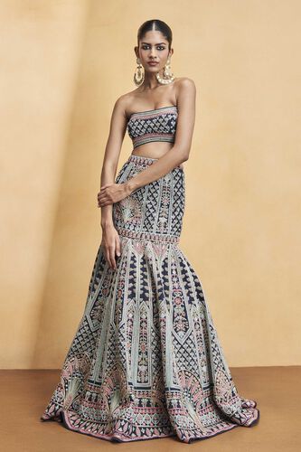 Nocturnal Melody Silk Zari Skirt Set - Blue, Blue, image 1