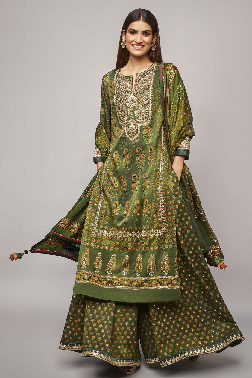 Tarita Ajrakh Sharara Set - Emerald green, Emerald Green, image 1