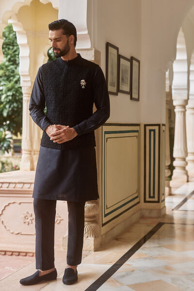 Chaital Embroidered Silk Nehru Jacket - Black