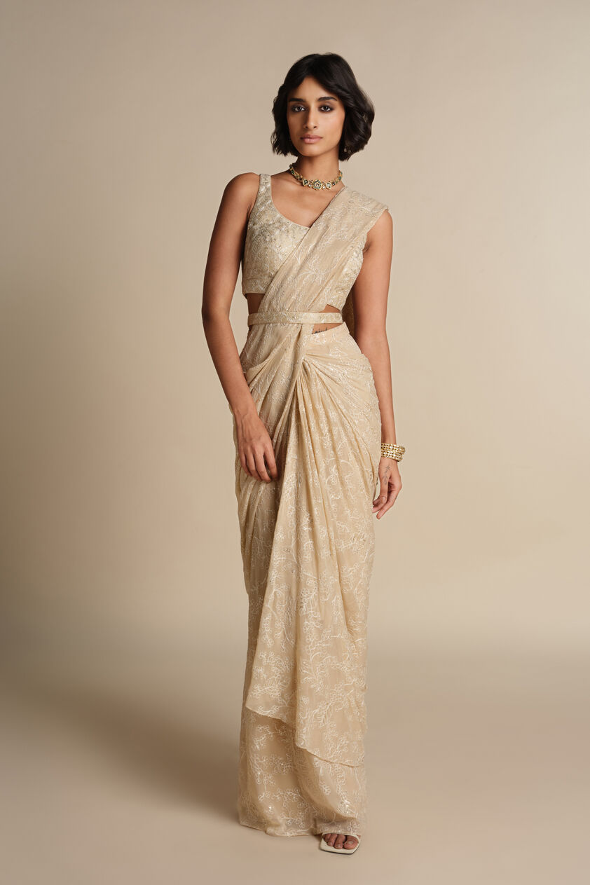 Larimar Sequin Pre-draped Saree - Flesh, Flesh, image 1