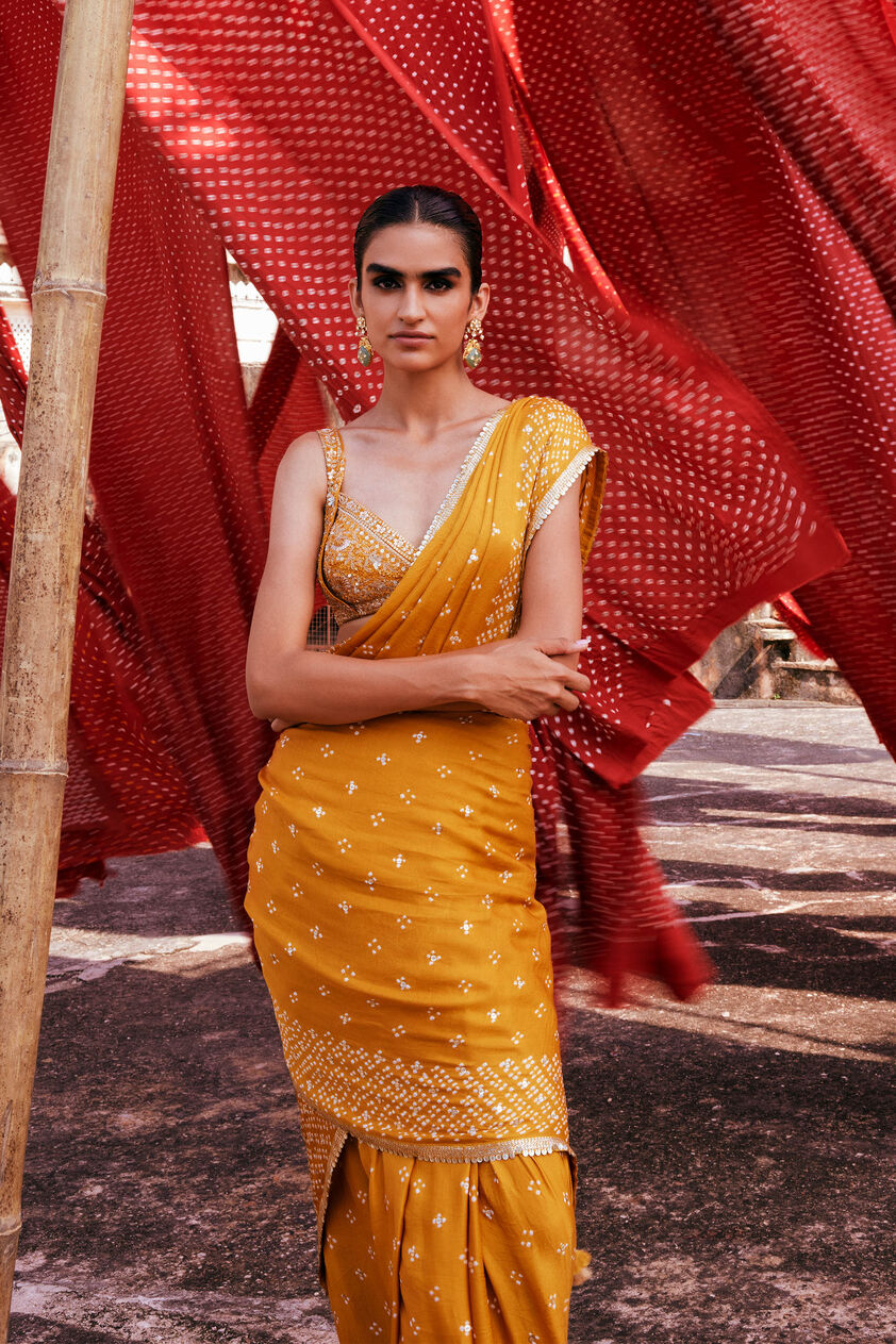 Bahi Handcrafted Bandhani Silk Saree, Mustard, image 2