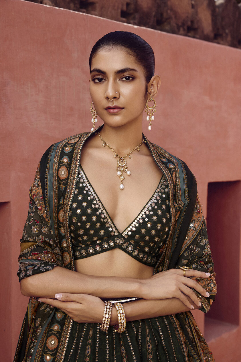 Rishama Silk Lehenga Set - Green, Green, image 5