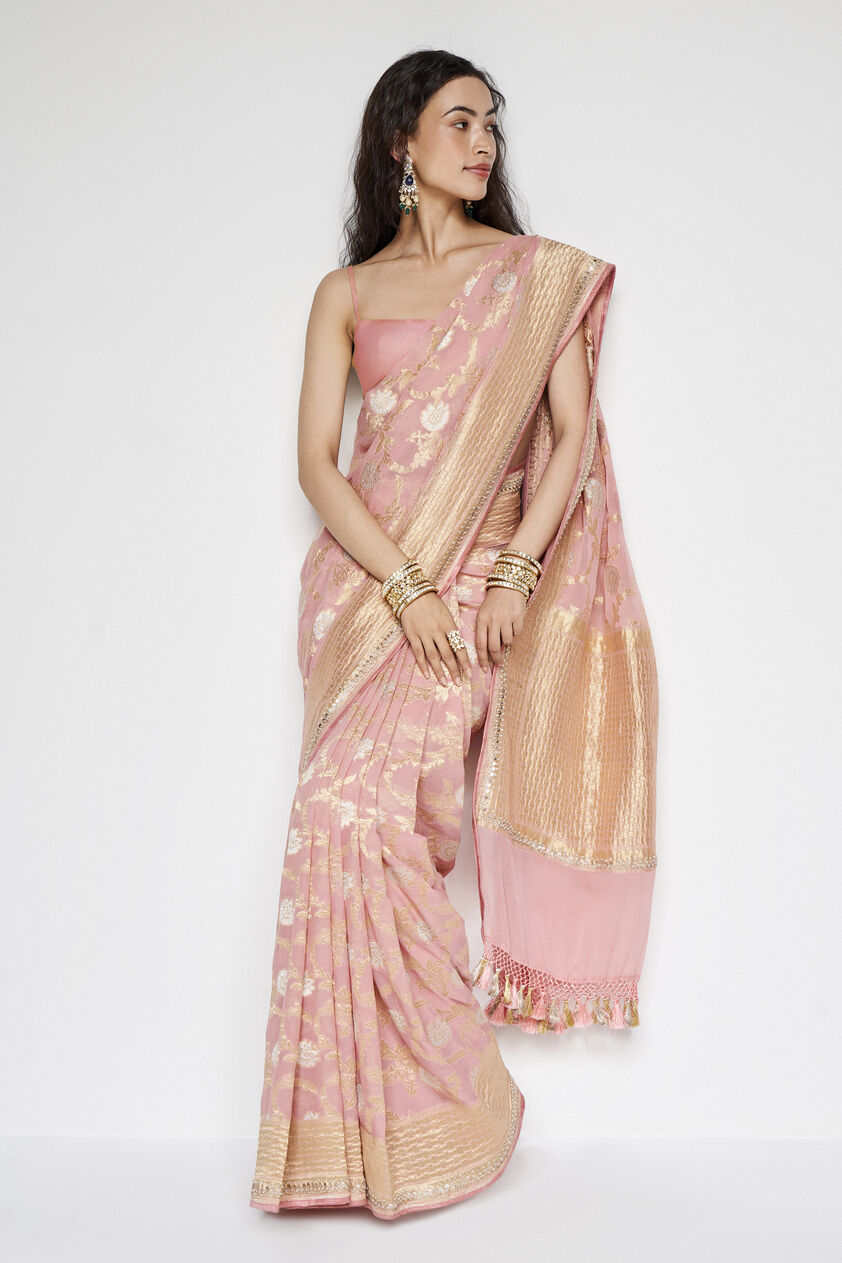 Aaradhana Benarasi Silk Embroidered Saree - Blush, Blush, image 1
