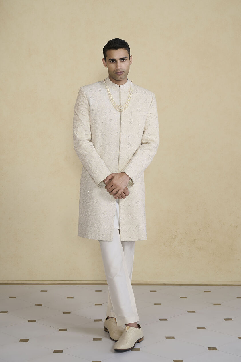 Lokit Hand-embroidered Silk Sherwani - Ivory, Ivory, image 1