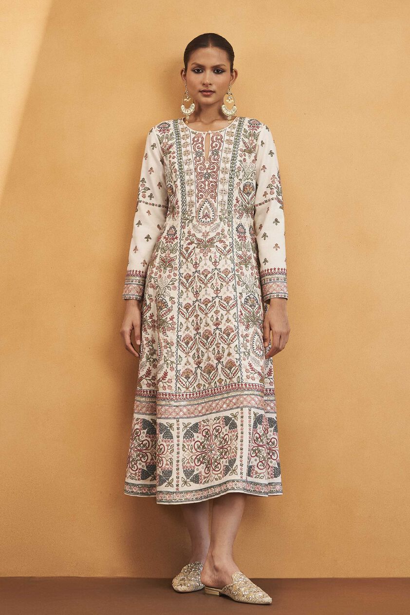 Blooms Of Paradise SEWA Hand-embroidered Silk Dress - Cream, Cream, image 1