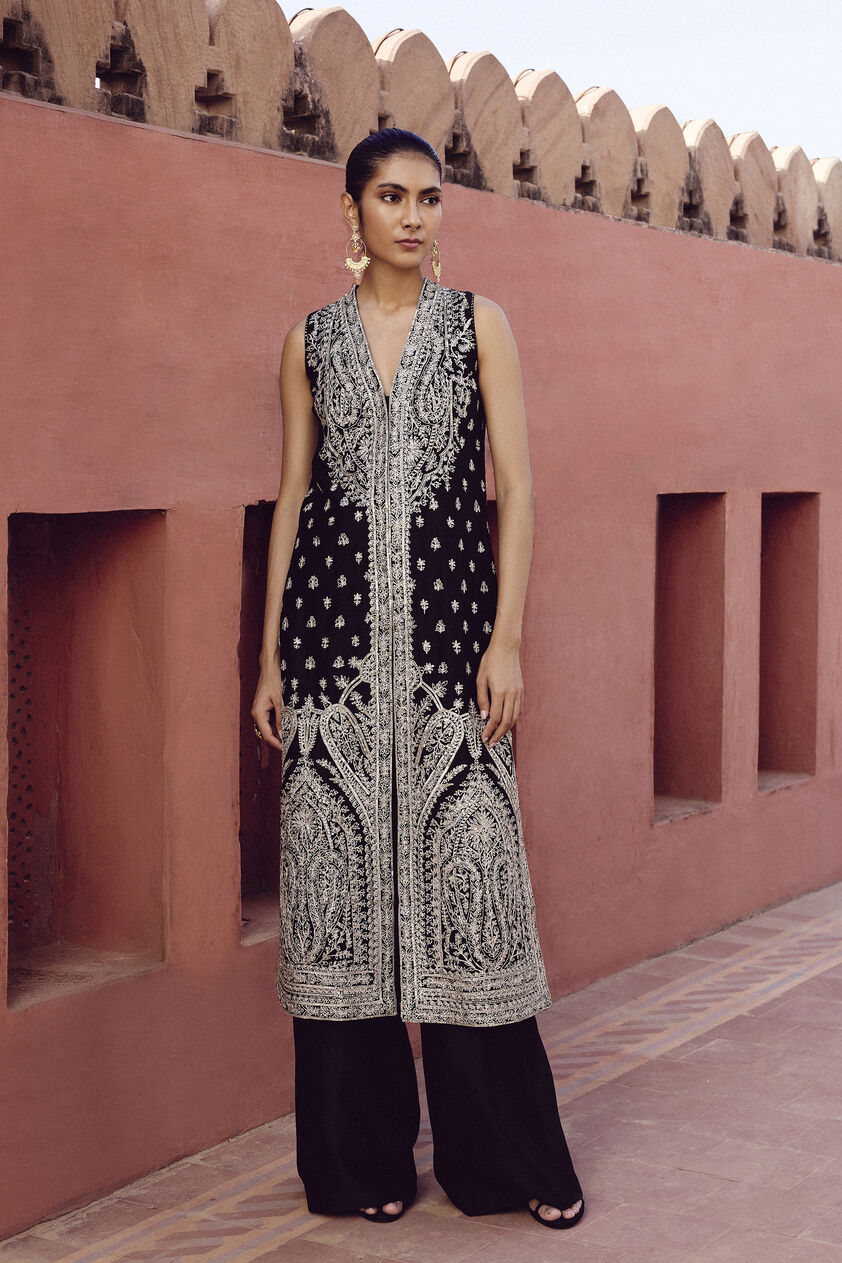 Sehrish Hand-embroidered Aari Silk Jacket Set - Black, Black, image 1
