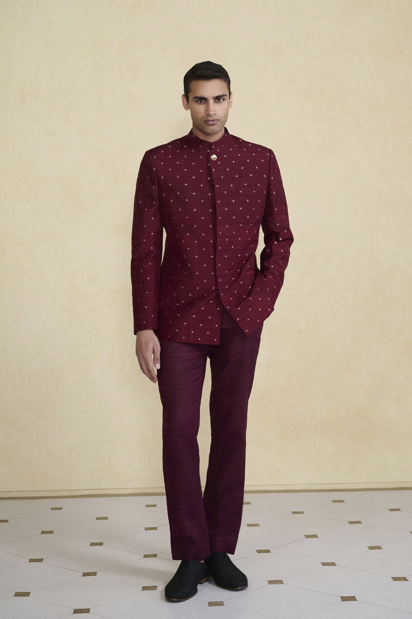 Sohaib Silk Bandhgala - Maroon, Maroon, image 1