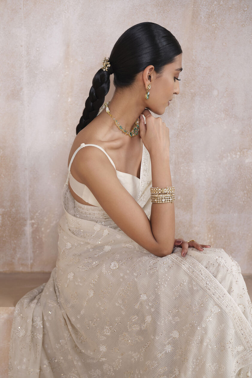 Zuhra Embroidered Saree - Ivory, Ivory, image 5