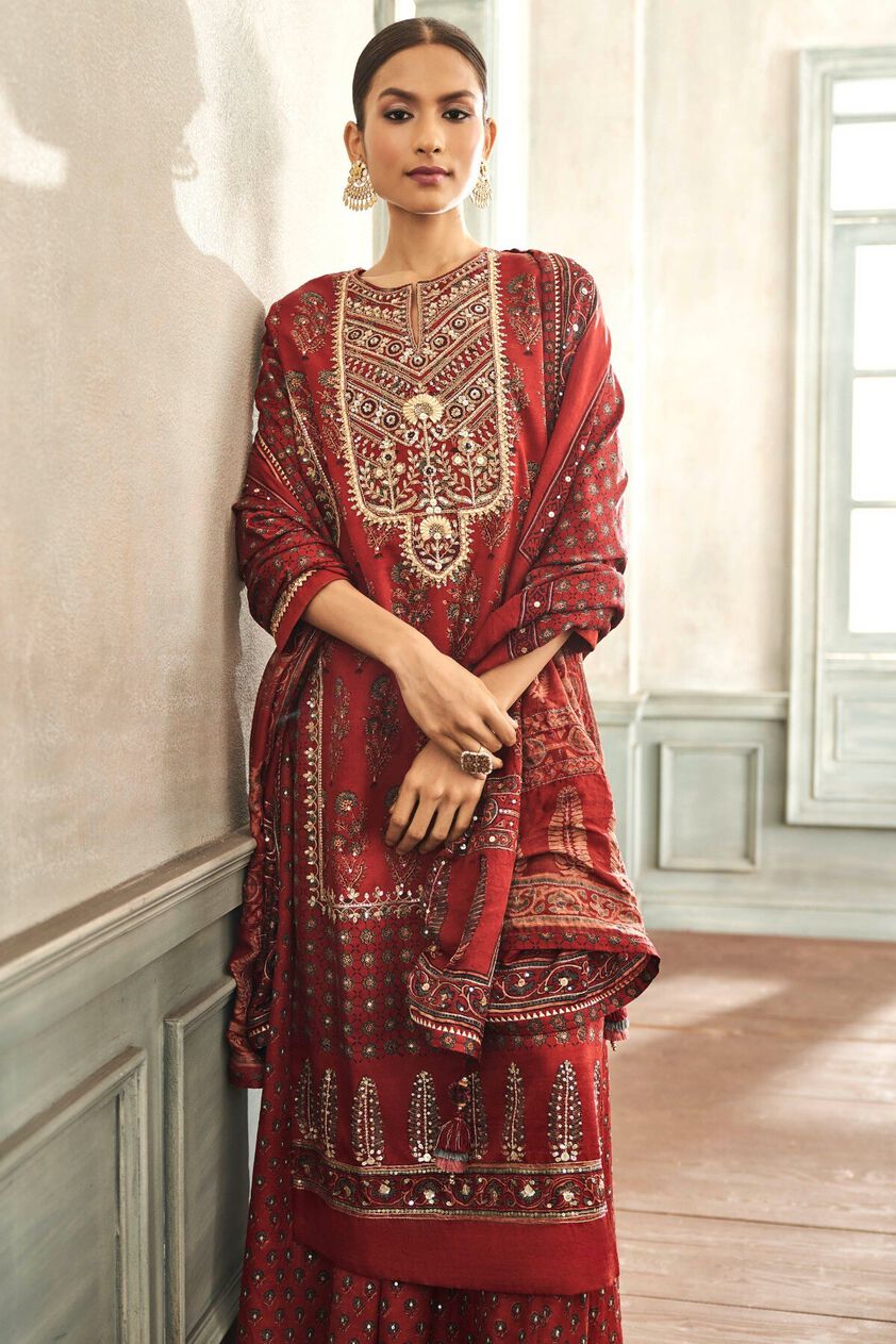 4 - Tarita Ajrakh Sharara Set – Red, image 4