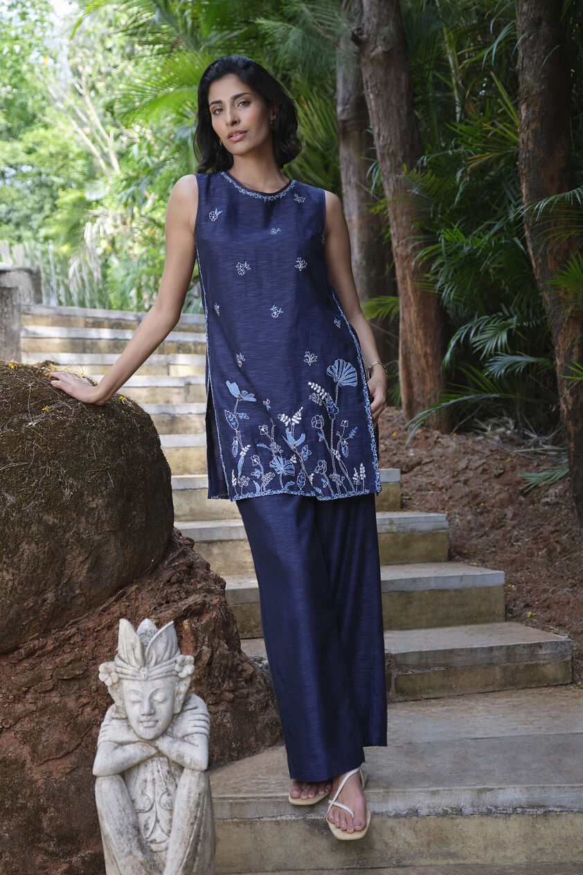Folia Hand-embroidered Kantha Co-ord - Indigo, Indigo, image 1