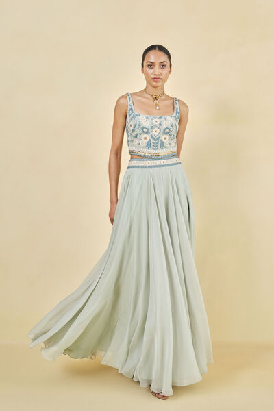 Whisper Of The Woods Embroidered Cord Skirt Set - Sage