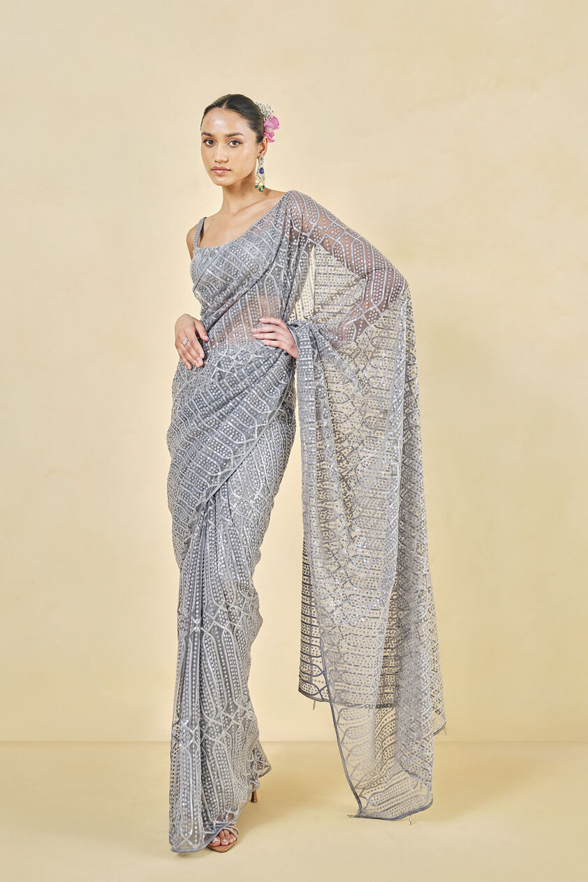 Refa Embroidered Saree - Grey, Grey, image 2
