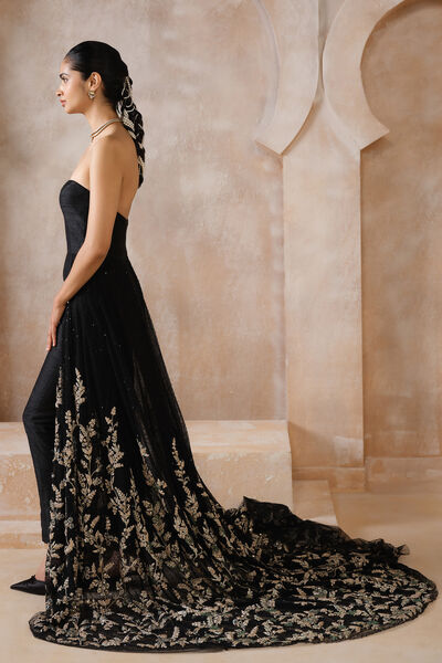 Sylvaine Embroidered Silk Trailing Jumpsuit - Black