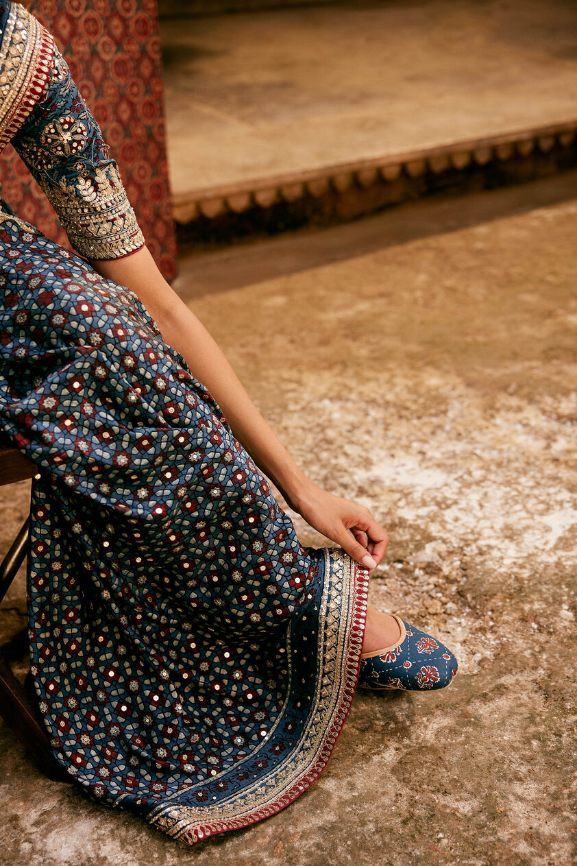 Akari Ajrakh Hand-block Printed Silk Saree - Blue, Blue, image 5