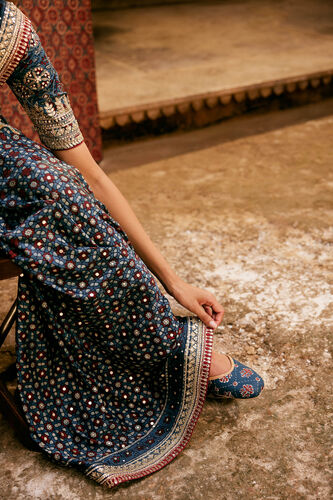 Akari Ajrakh Hand-block Printed Silk Saree - Blue, Blue, image 5