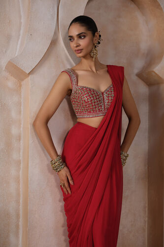 Yuthika Embroidered Cord Pre-draped Saree - Red, Red, image 4