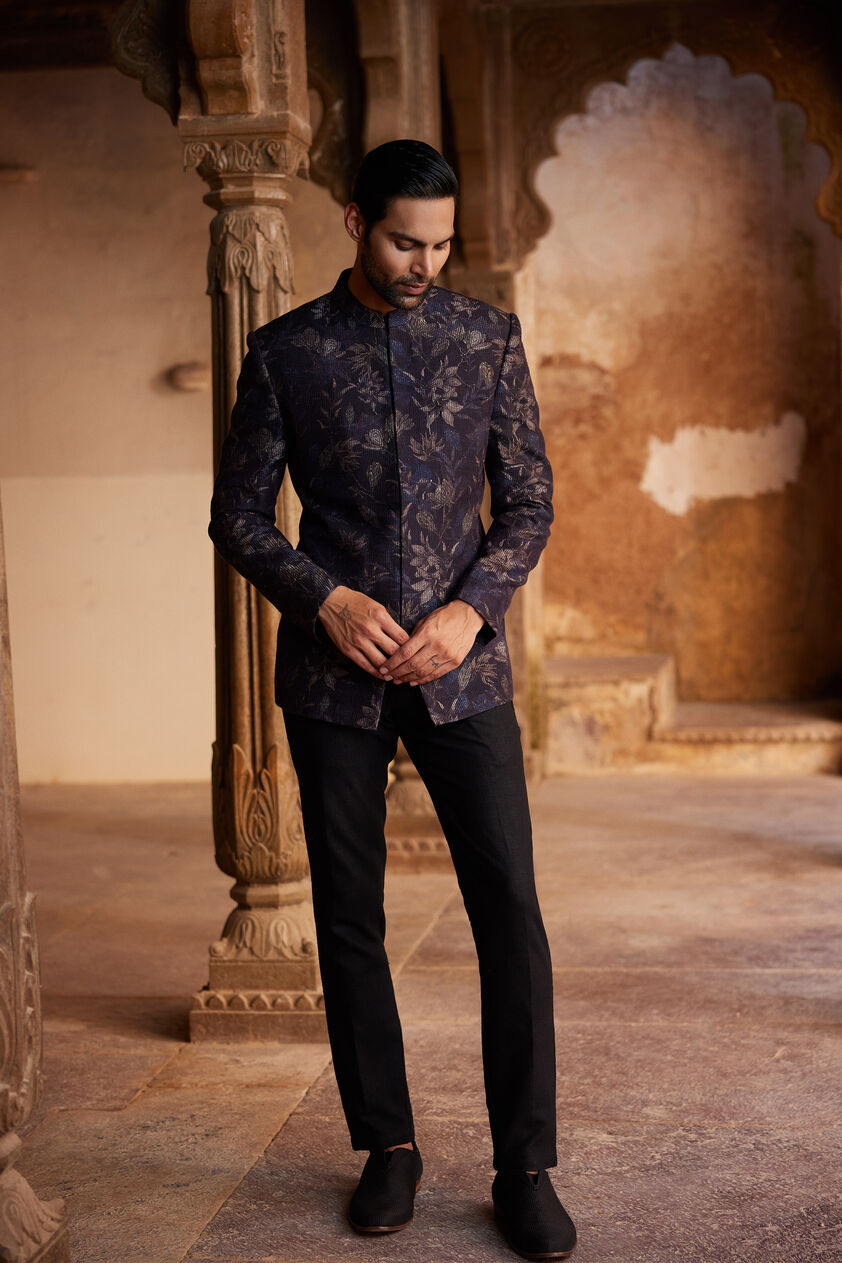 Rahin Printed Silk Bandhgala - Navy, Navy, image 1