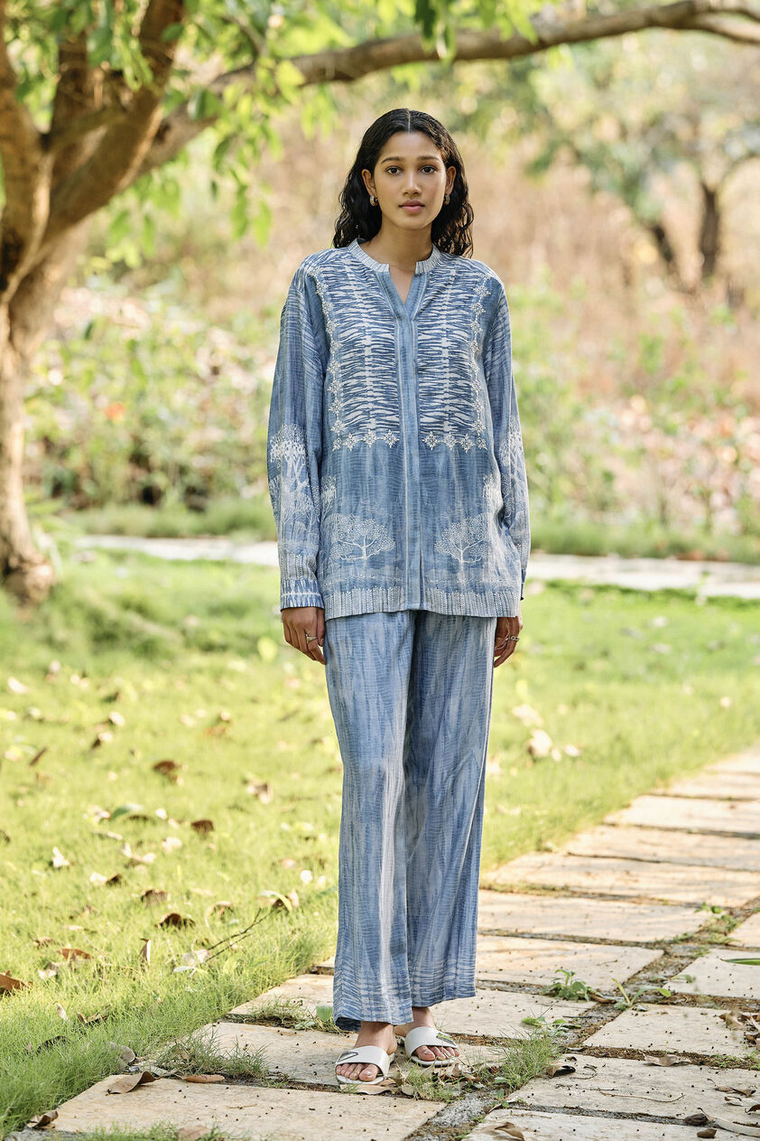 Creek Hand-embroidered Chikankari Linen Coord - Blue, Blue, image 1