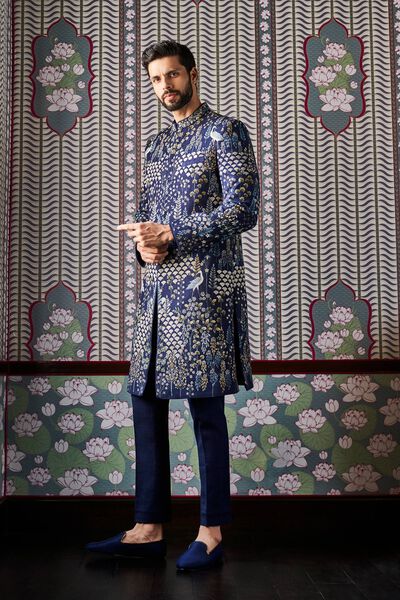 Fardan Hand-painted Pichhwai Silk Sherwani - Navy