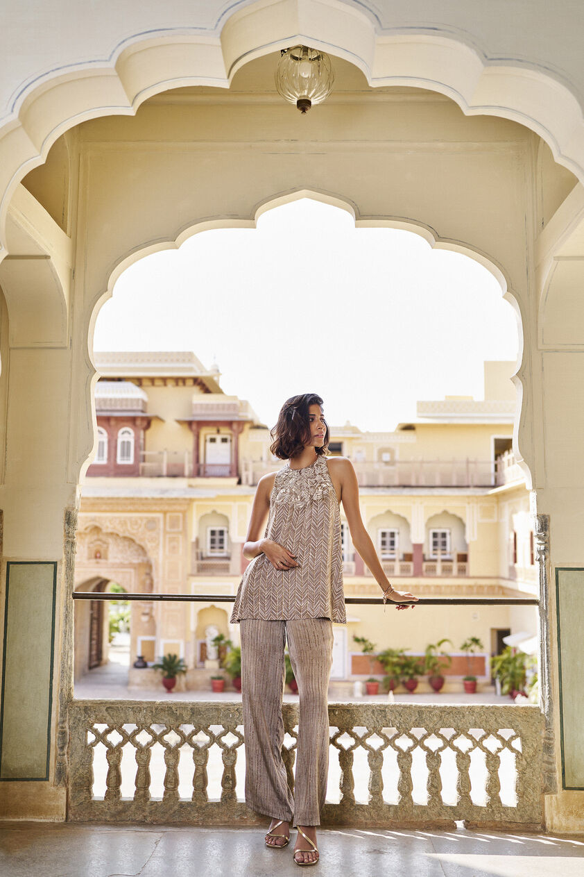 Inhale Embroidered Hand-block Print & Gold Khadi Coord - Grey, Grey, image 1