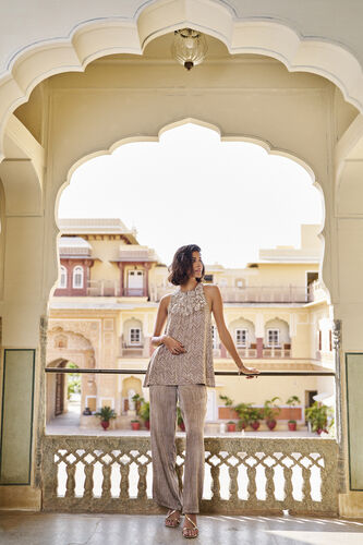 Inhale Embroidered Hand-block Print & Gold Khadi Coord - Grey, Grey, image 1