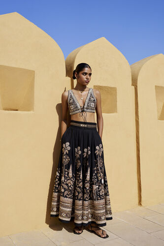Pride Of The Forest Embroidered Zardozi Silk Skirt Set - Black, Black, image 1