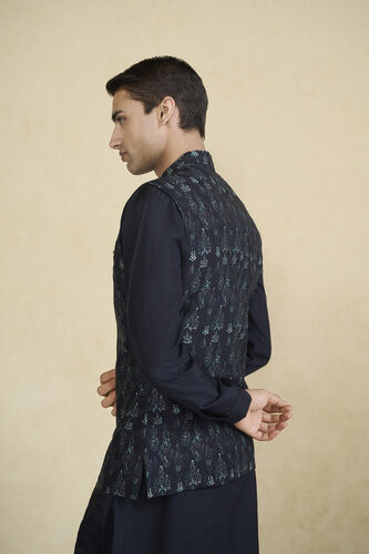 Edhas Embroidered & Printed Silk Nehru Jacket - Black, Black, image 7