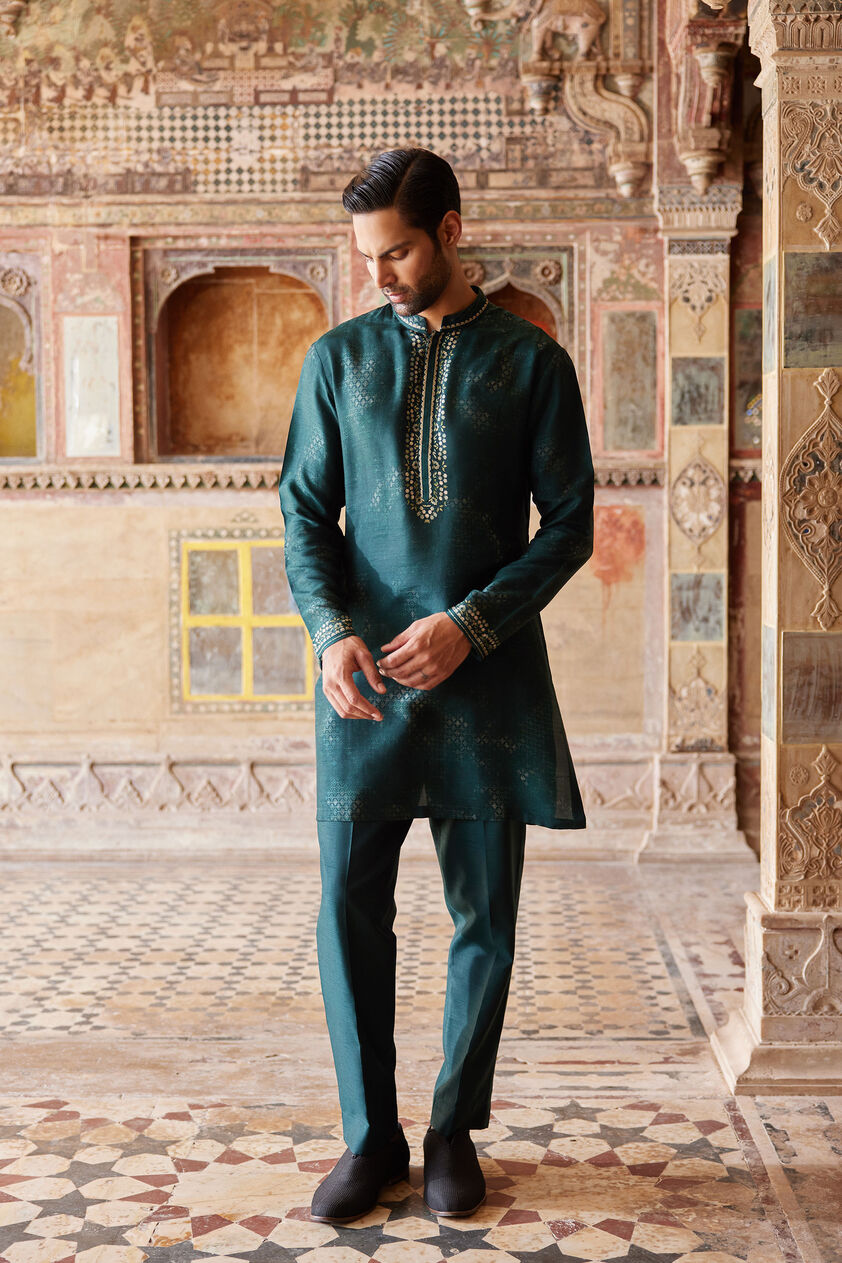 Khidr Printed Silk Kurta - Green, Green, image 1