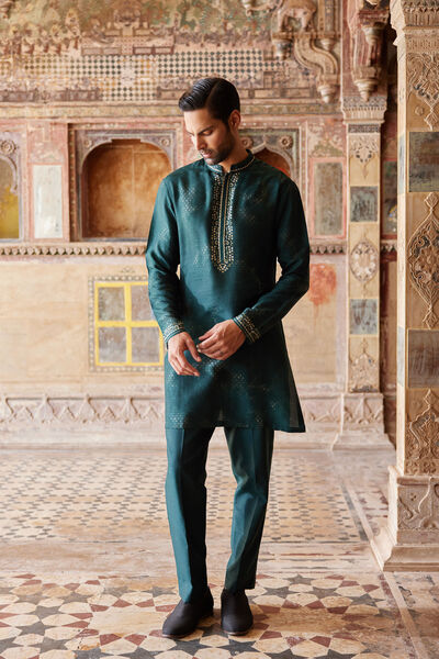 Khidr Printed Silk Kurta - Green