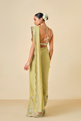 Aadhvita Embroidered Georgette Pre-draped Saree - Lime, Lime, image 5
