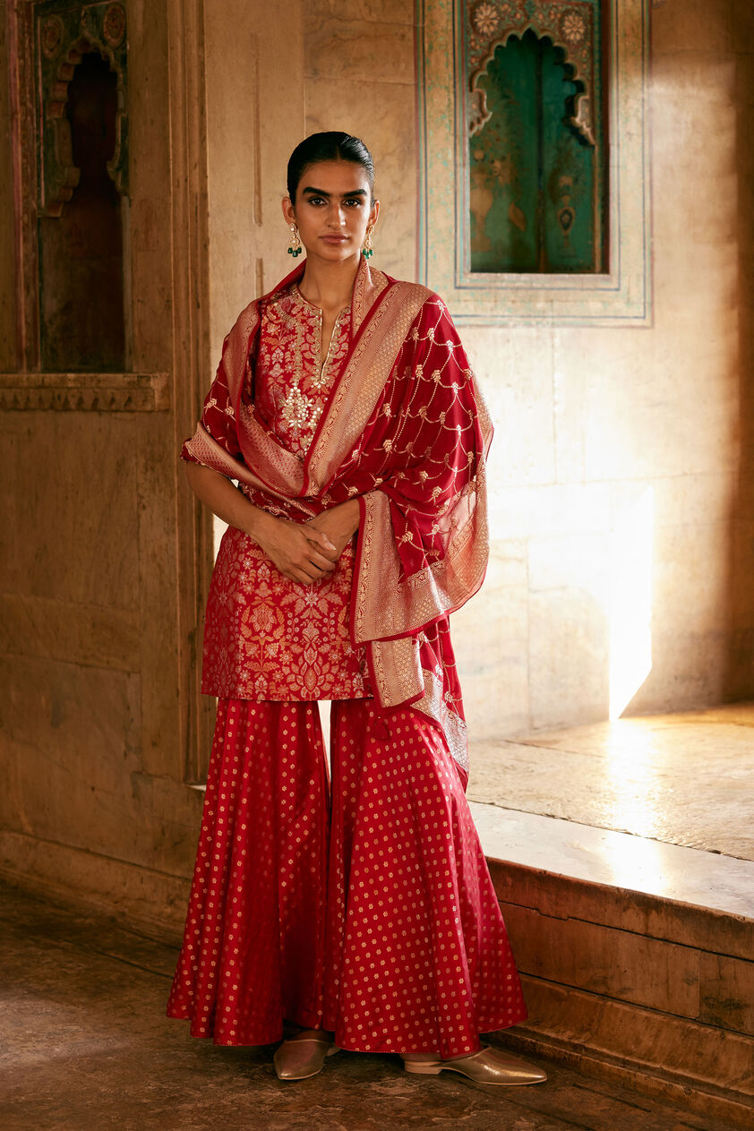 Khevna Handwoven Benarasi Silk Sharara Set - Red, Red, image 2