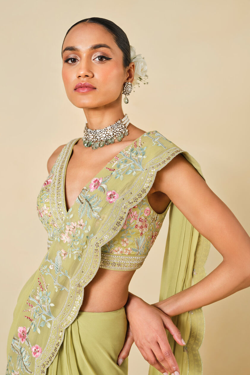 Aadhvita Embroidered Georgette Pre-draped Saree - Lime, Lime, image 3