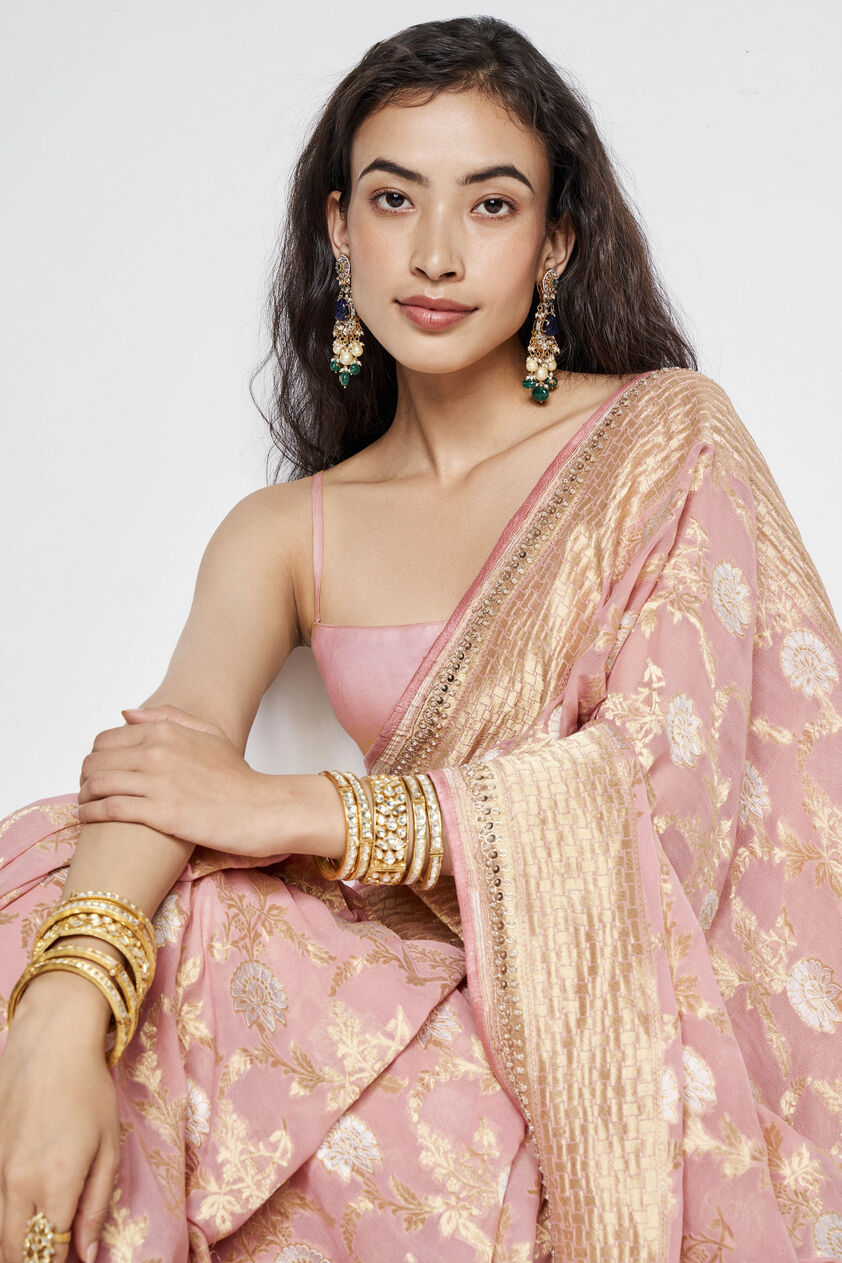 Aaradhana Benarasi Silk Embroidered Saree - Blush, Blush, image 6