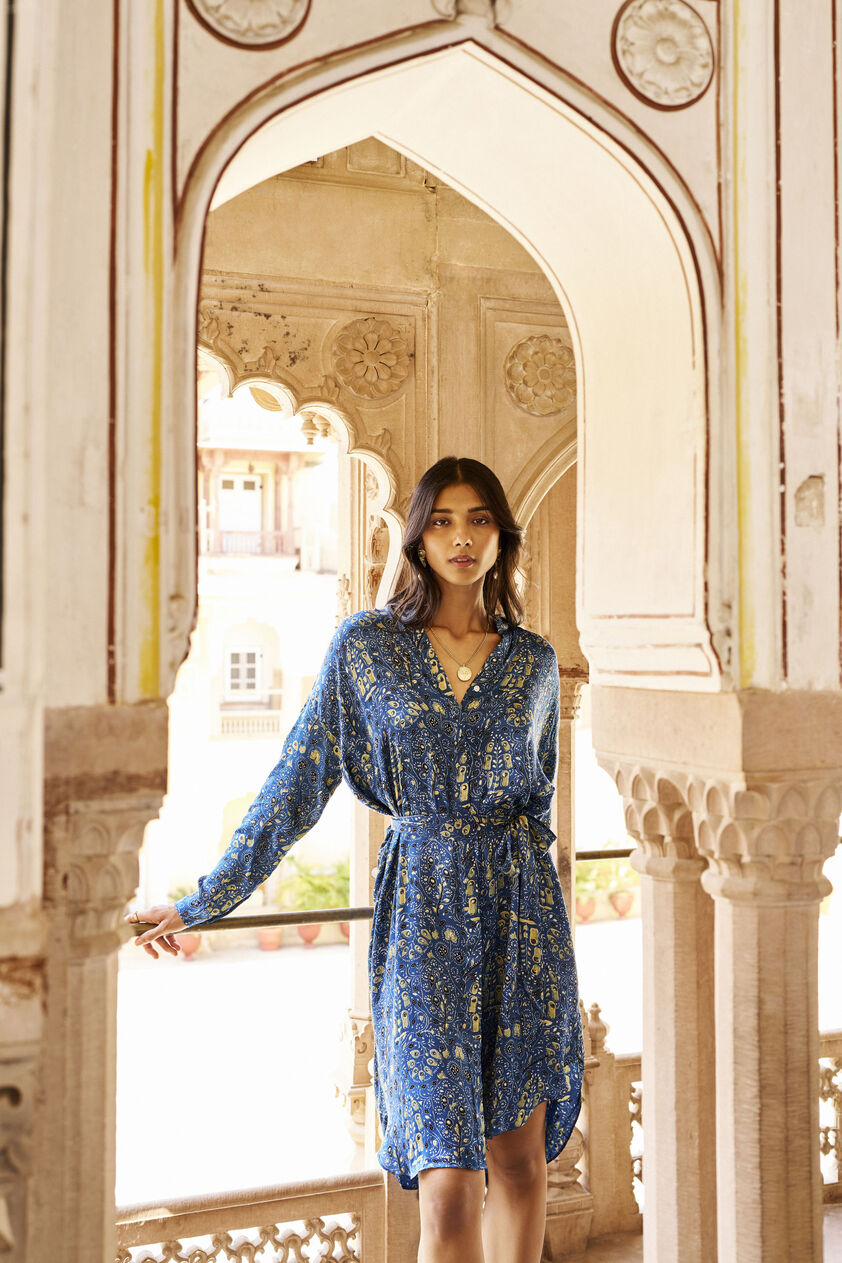 Backwater Ajrakh Hand-block Printed Dress - Blue, Blue, image 1