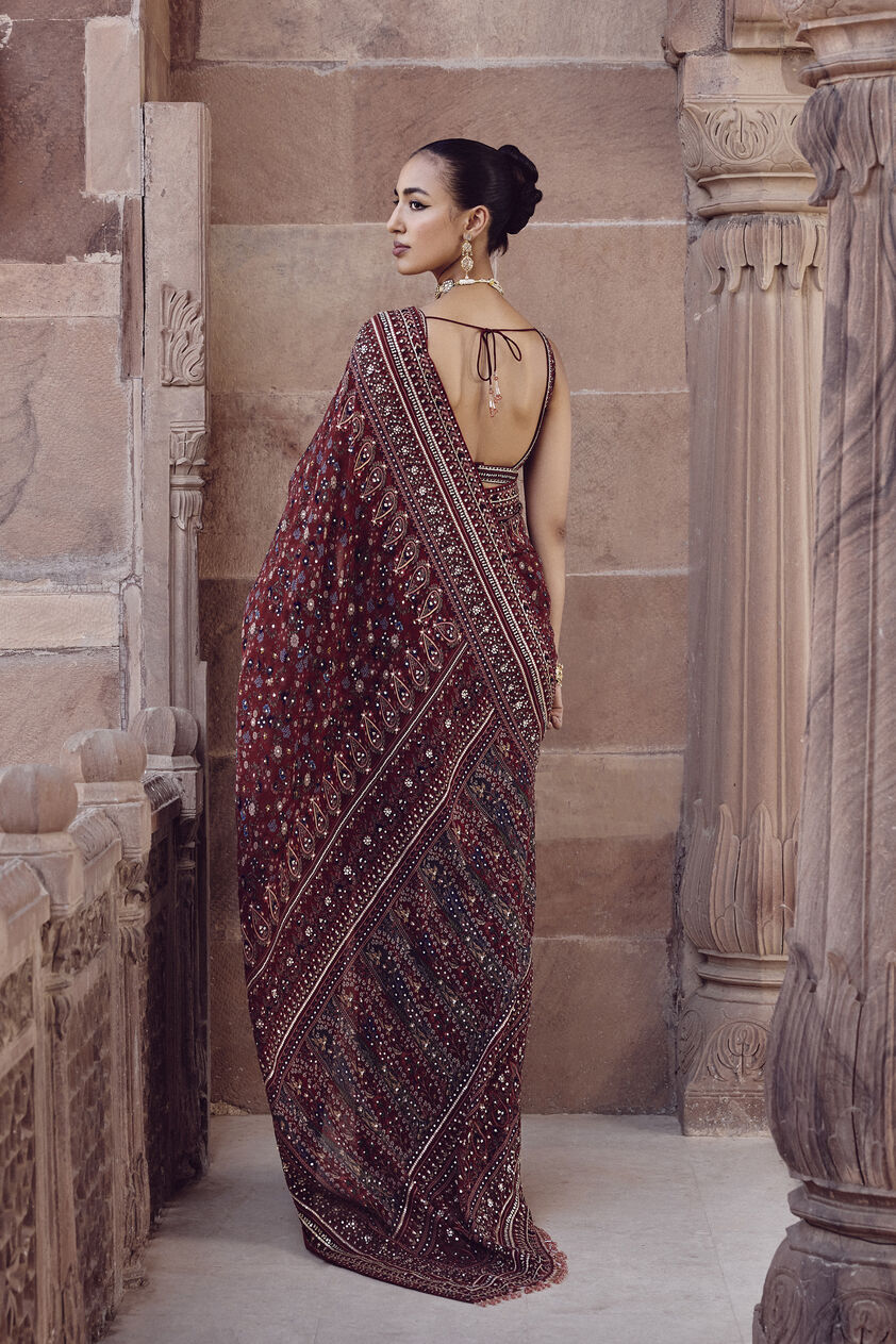 Amalaka Sequin Georgette Saree - Deep Red, Red, image 2