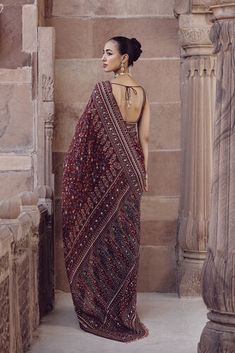 Amalaka Sequin Georgette Saree - Deep Red, Red, image 2