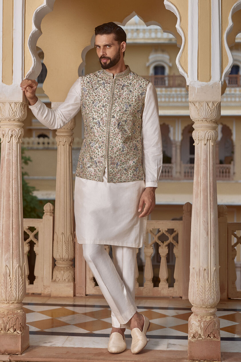 Avir Aari Embroidered Silk Nehru Jacket - Sage, Sage, image 1