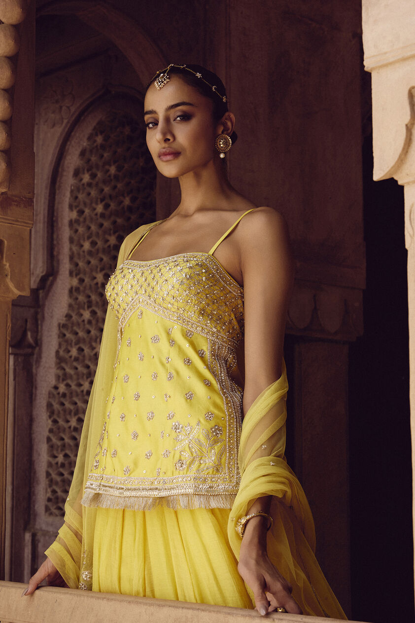 Srika Gota Patti Mul Skirt Set - Yellow, Yellow, image 7