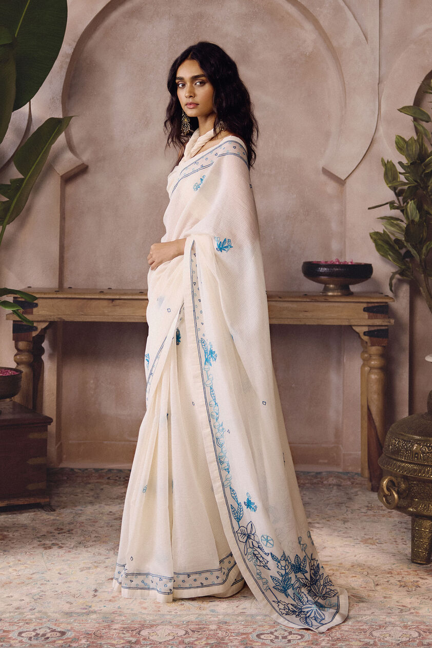 Claravis Hand-embroidered SEWA Saree - Ivory, Ivory, image 3