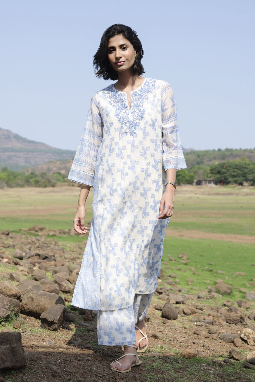 Aves Hand-embroidered Kantha Mul Kurta Set - Blue, White, image 1