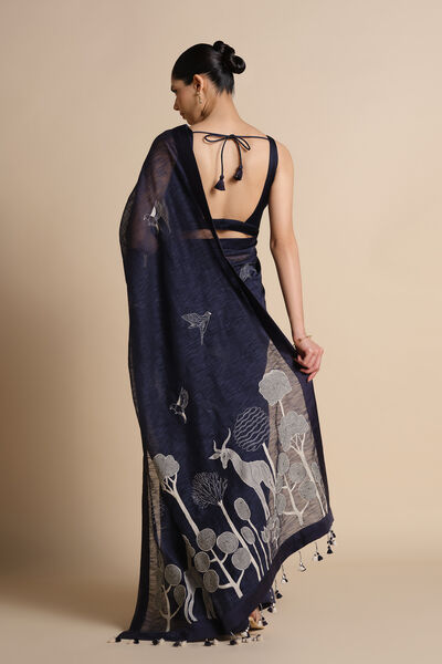 Shahaf Hand-embroidered Kantha Saree - Indigo
