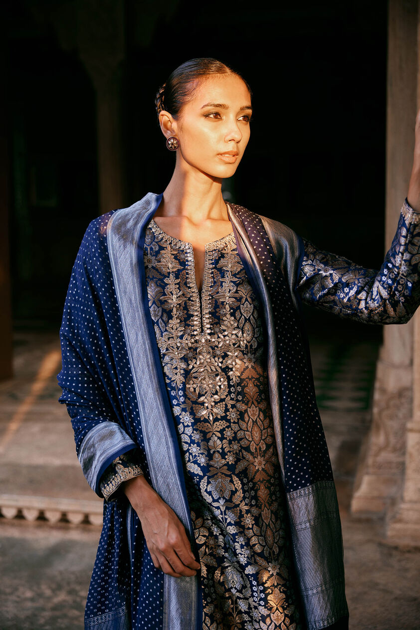 Samahita Handwoven Benarasi Silk Suit Set - Blue, Blue, image 2