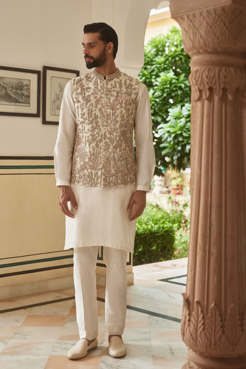 Ishir Embroidered Silk Nehru Jacket - Cream, Cream, image 1