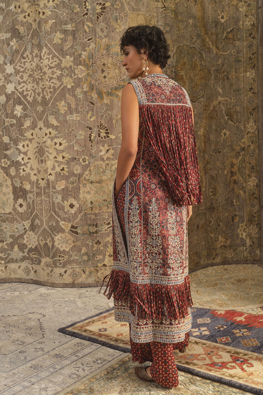 Bhuvi Ajrakh Hand-block Printed Fringe Silk Tabard Set  - Red, Red, image 2