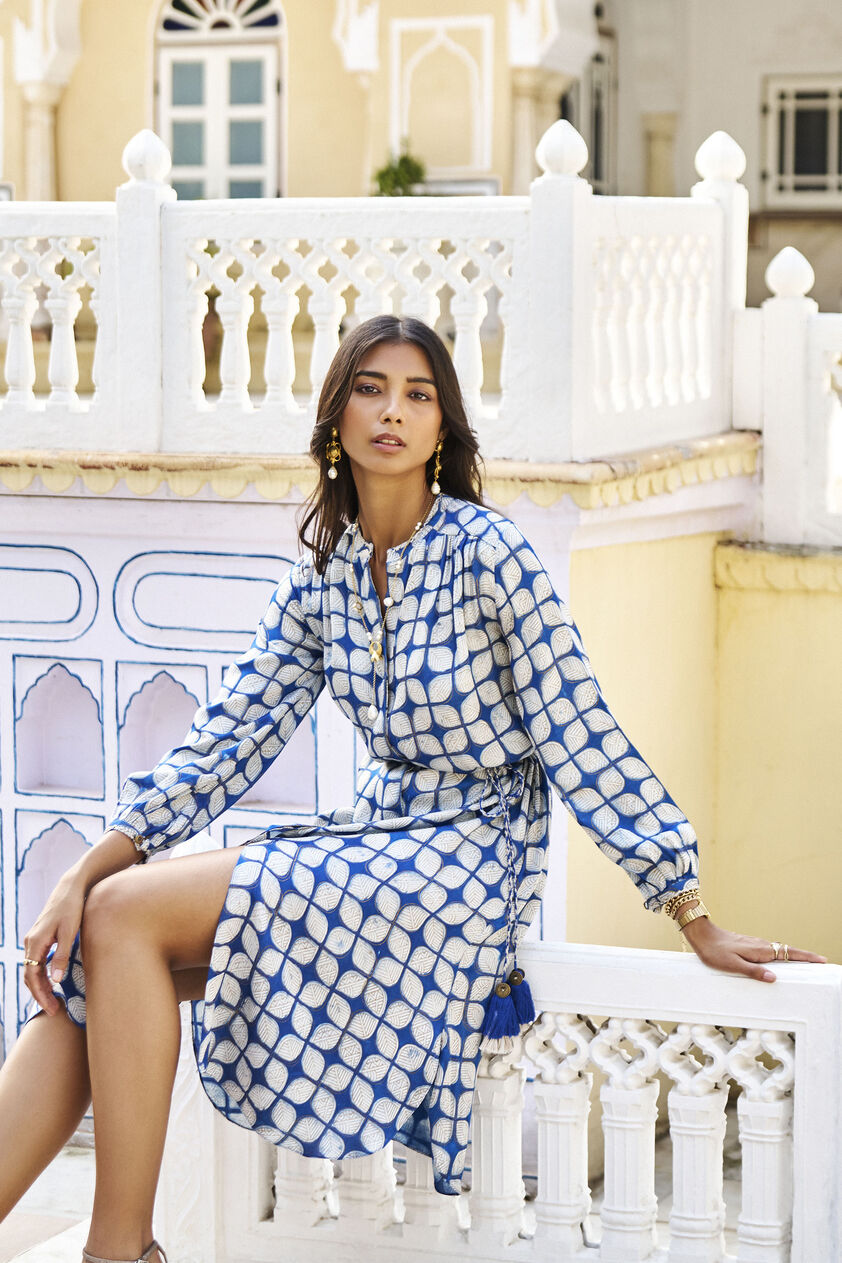 Fresco Hand-block Print & Gold Khadi Dress - Indigo, Indigo, image 3