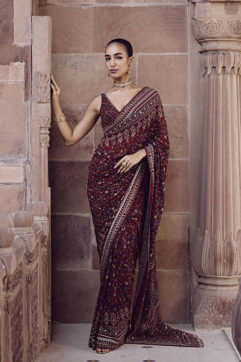 Amalaka Sequin Georgette Saree - Deep Red, Red, image 1
