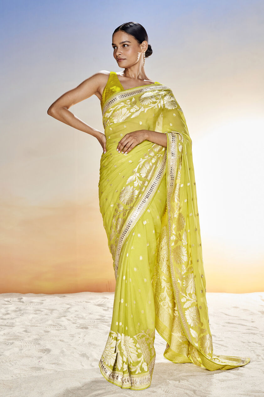 Abhinaya Benarasi Silk Embroidered Saree, Lime, image 1