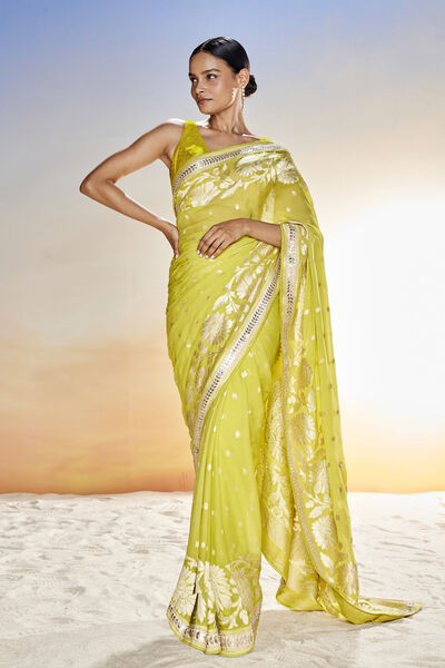 Abhinaya Benarasi Silk Embroidered Saree - Lime