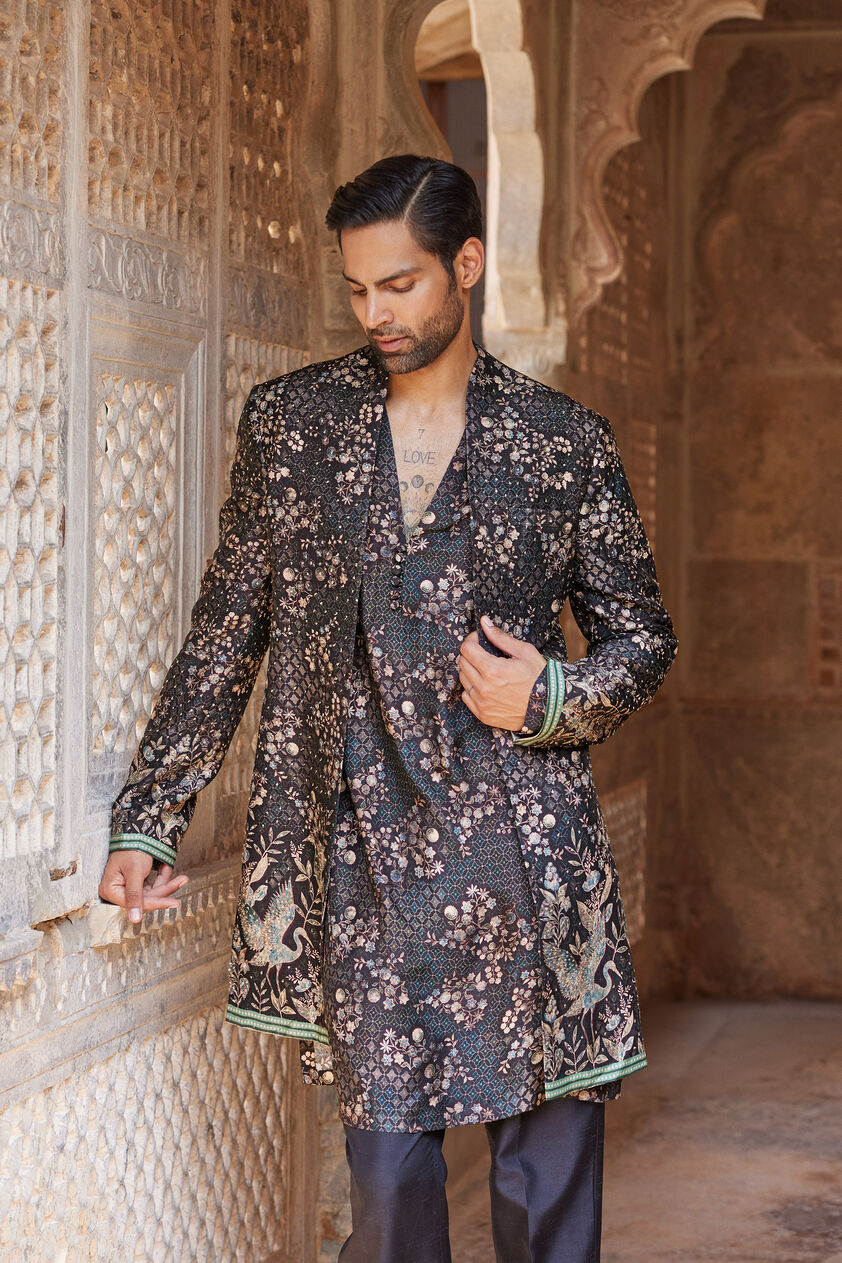 Rukham Printed Silk Sherwani - Black, Black, image 1